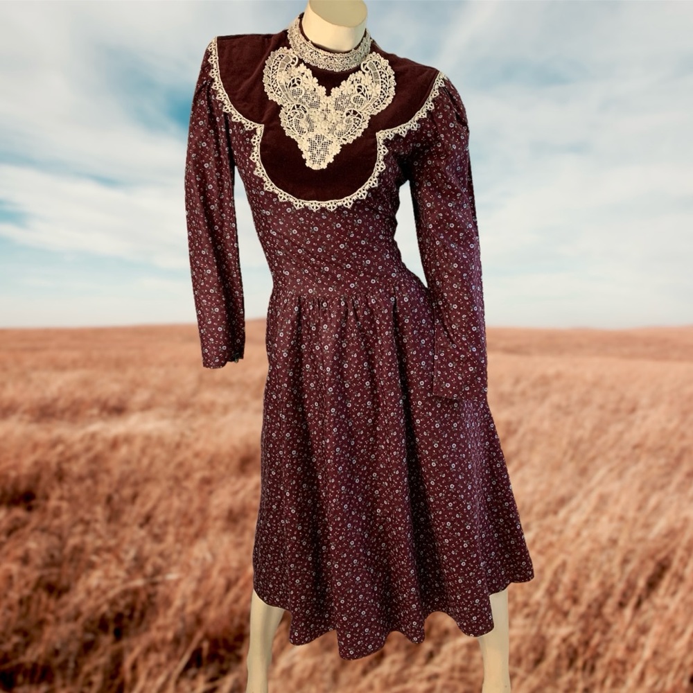 Vintage 70s Gunne Sax Dress Burgundy Red Floral Print 11 S M Cottagecore